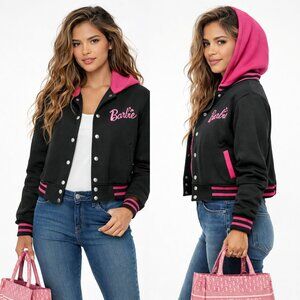 Barbie Varsity Hoodie Jacket | Black & Hot Pink | Size S/M Small to Medium